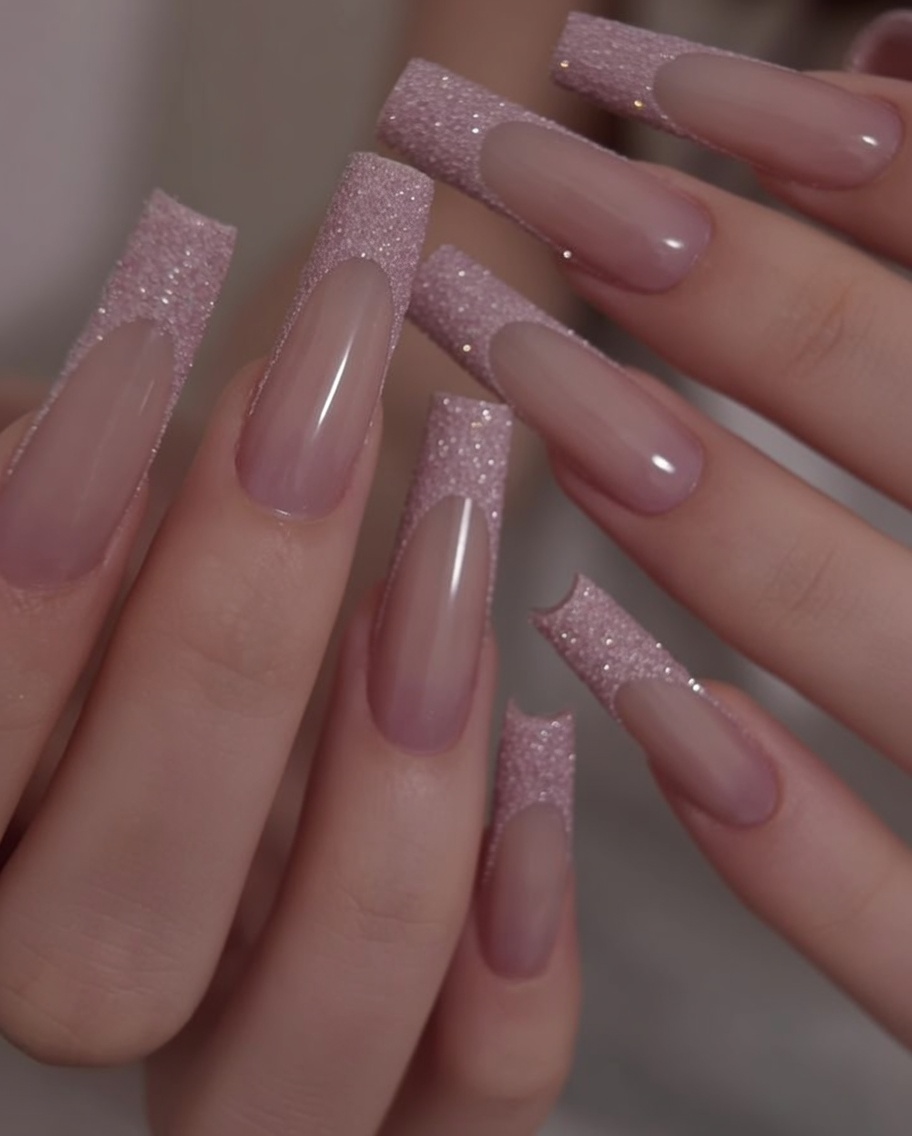 A close-up view of a hand with long, square-shaped nails featuring a pink glitter tip, viewed from an angle to emphasize the texture.