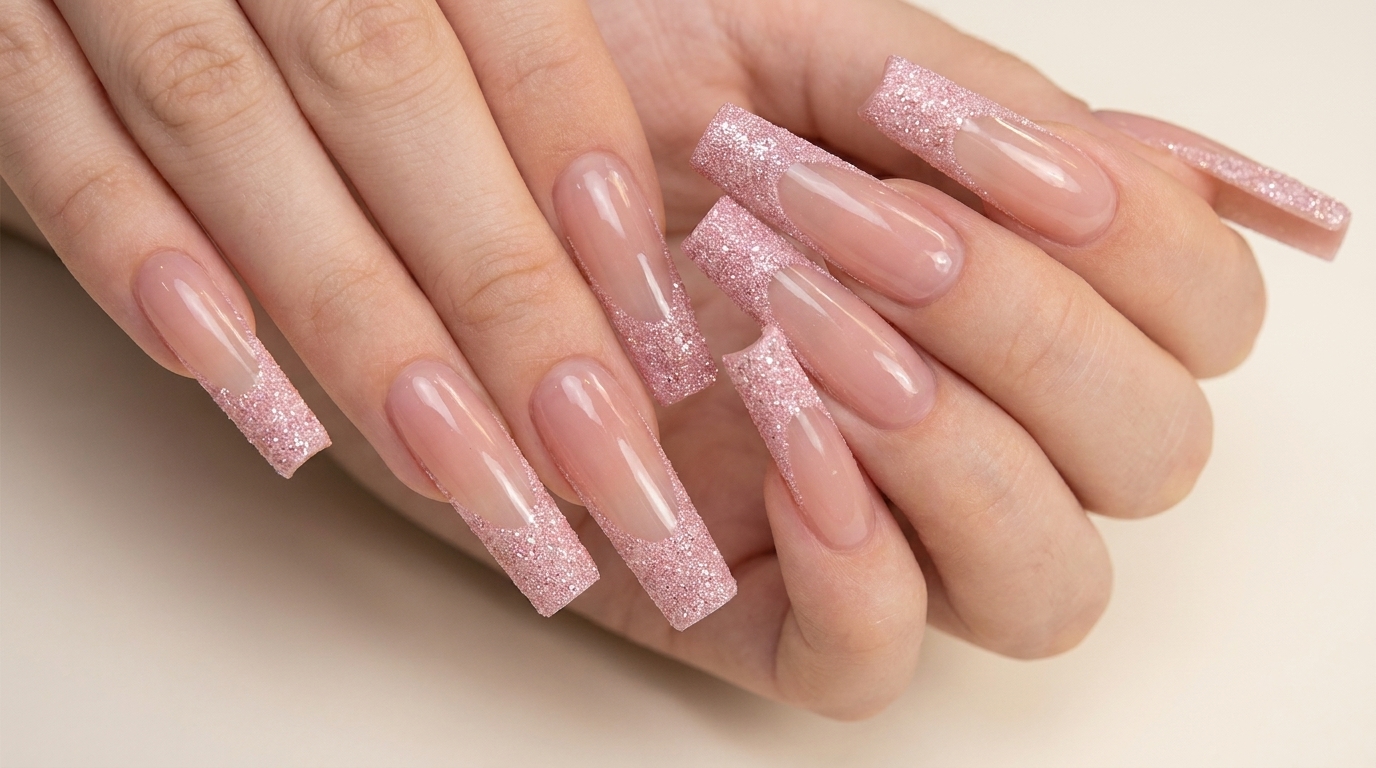 Pink Glitter French Tip Long Square Nails — Step-by-Step Tutorial