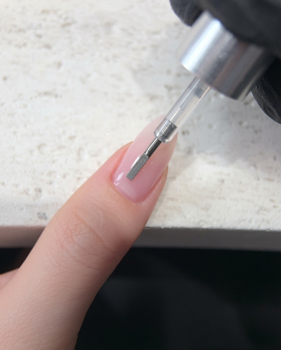 A gel polish brush applying a clear, non-wipe top coat over a pink jelly base.