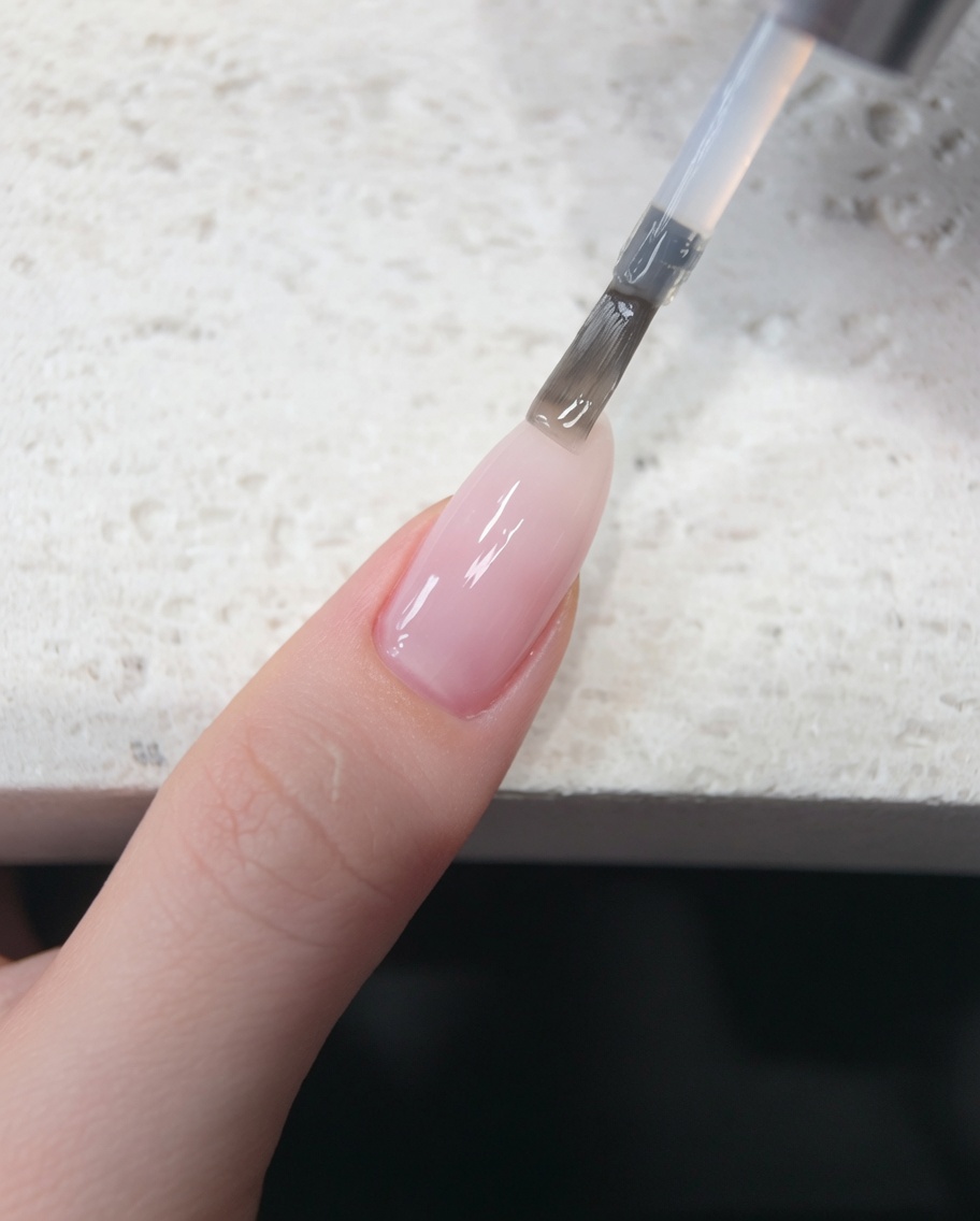 A side-angle view of a fingernail showing the leveled, smooth surface of the applied top coat.