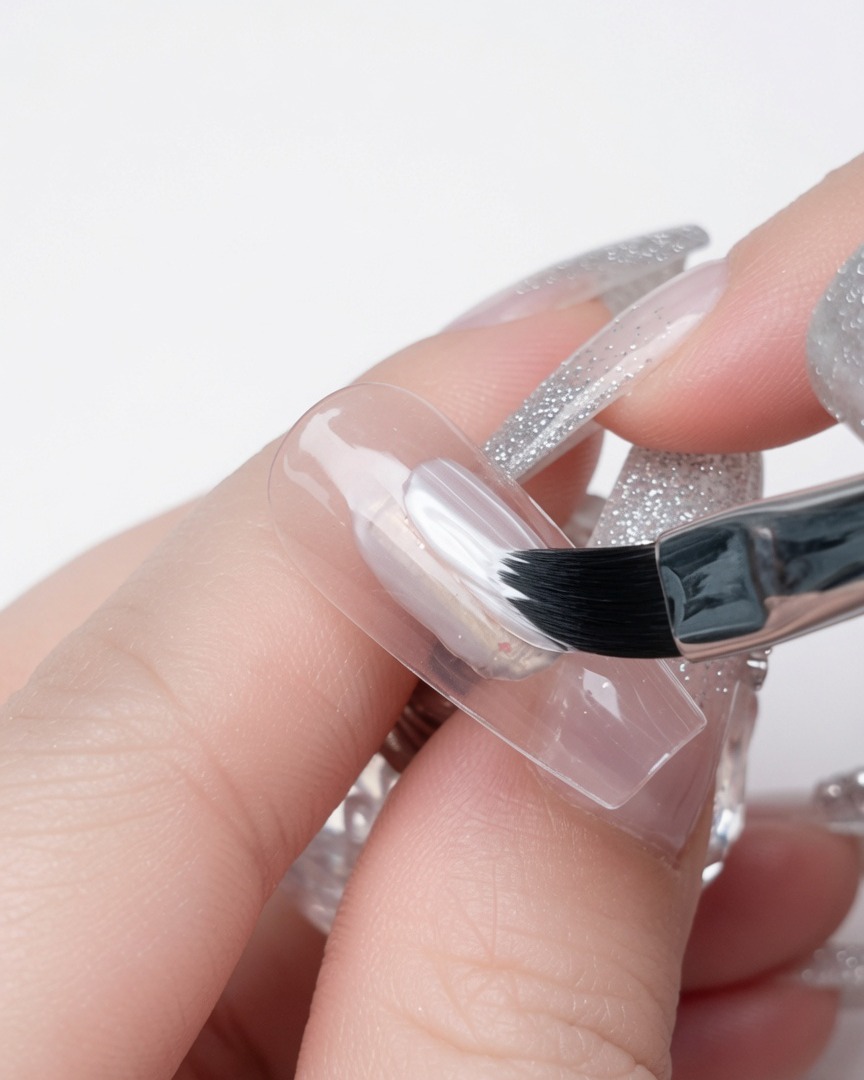 A flat gel brush painting a solid white stripe over the raised clear gel line on a nail tip.
