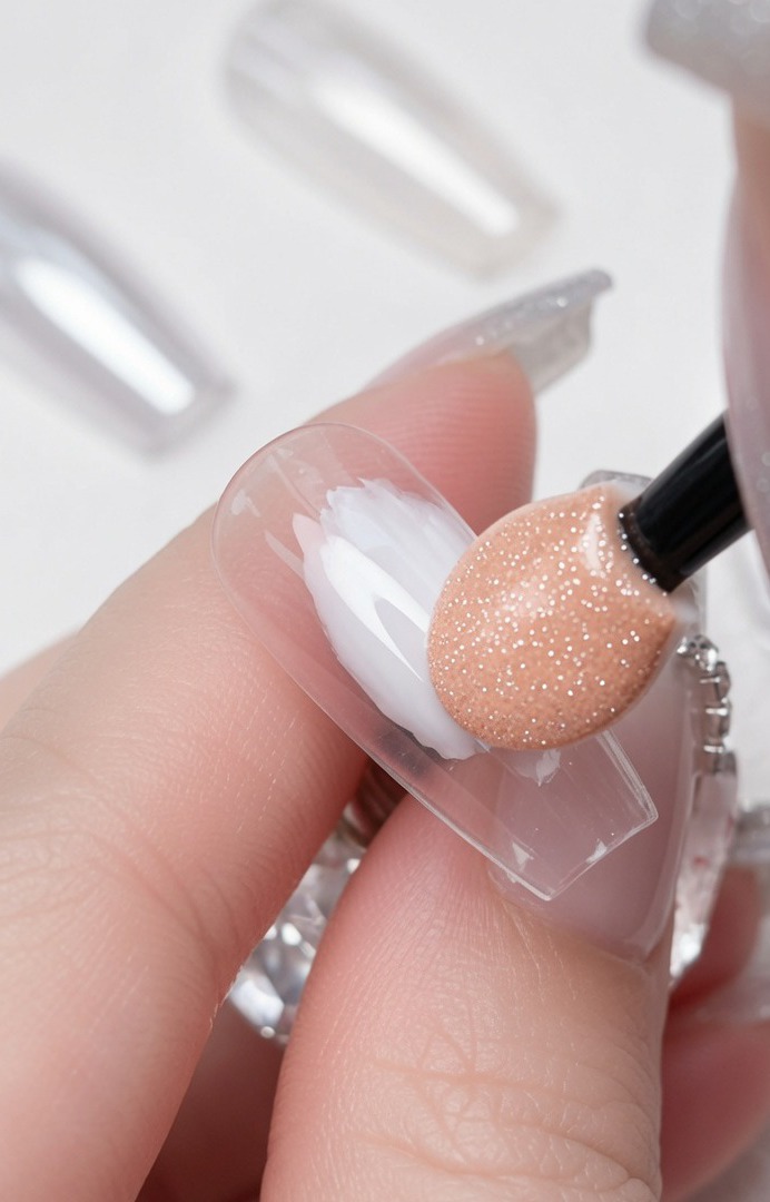 A close-up of a finger holding a sponge applicator, rubbing silver mirror powder onto a clear nail tip.