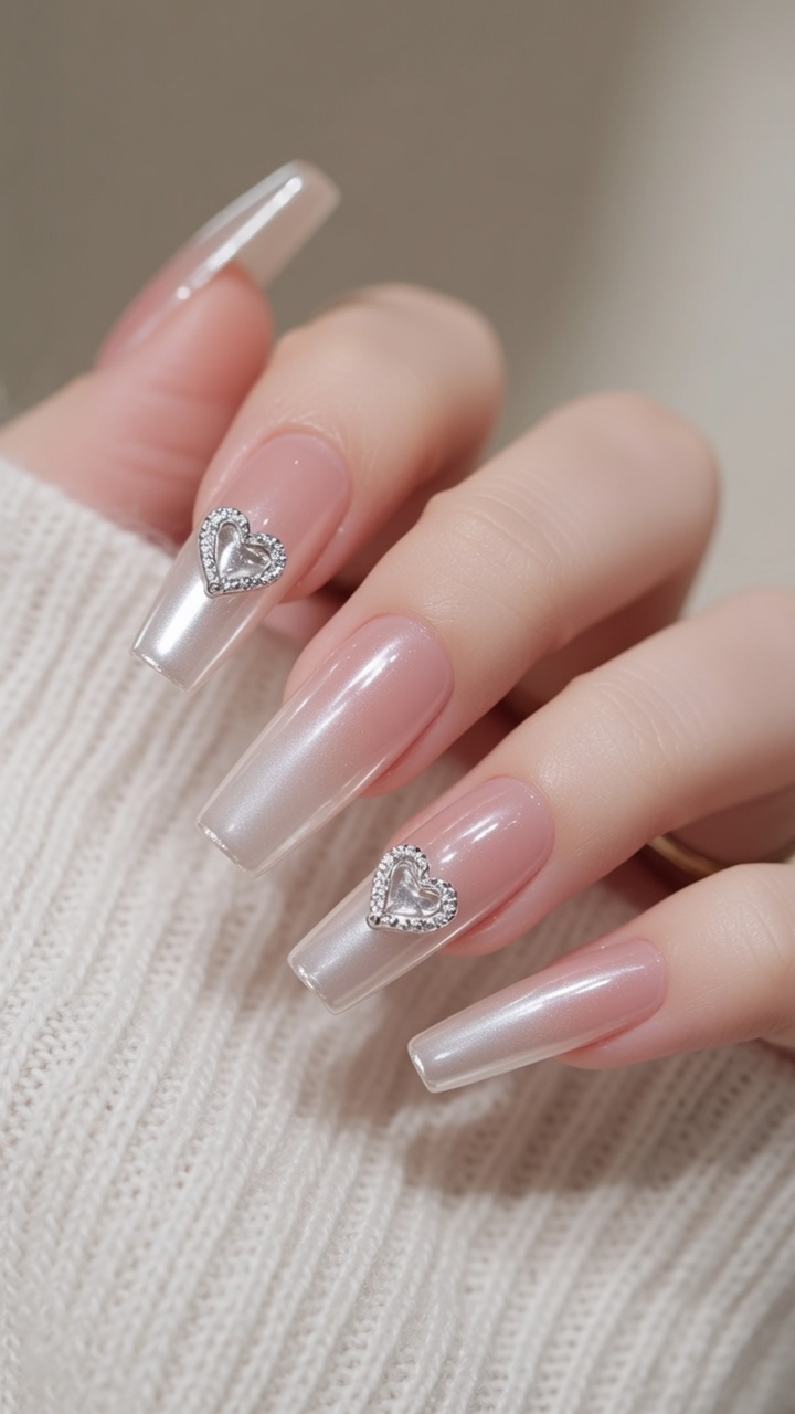 Chrome Pearl Gradient Heart Charm Nails — Step-by-Step Tutorial