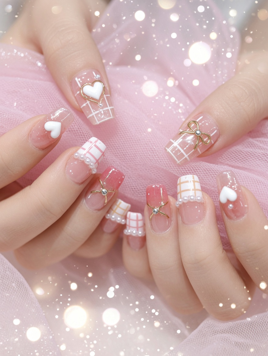 Pink Grid and 3D Heart Girly Nail Art — Step-by-Step Tutorial
