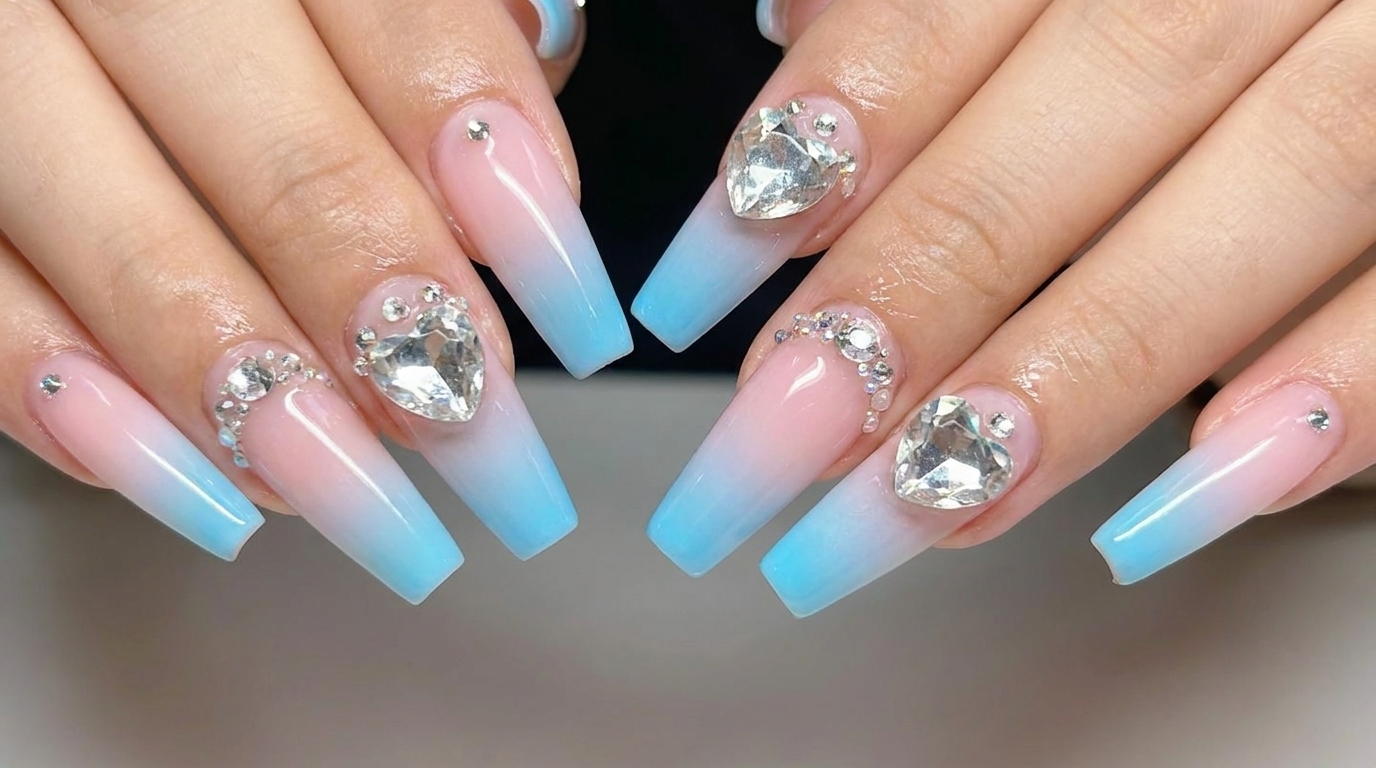 Pink and Blue Ombre Gradient Nails with Rhinestone Accents