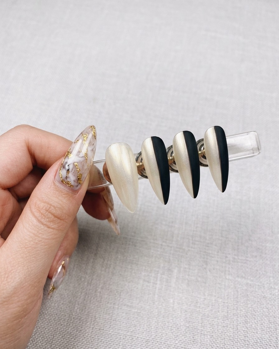 An airbrush gun spraying white gel onto a set of nails masked with vertical stickers.