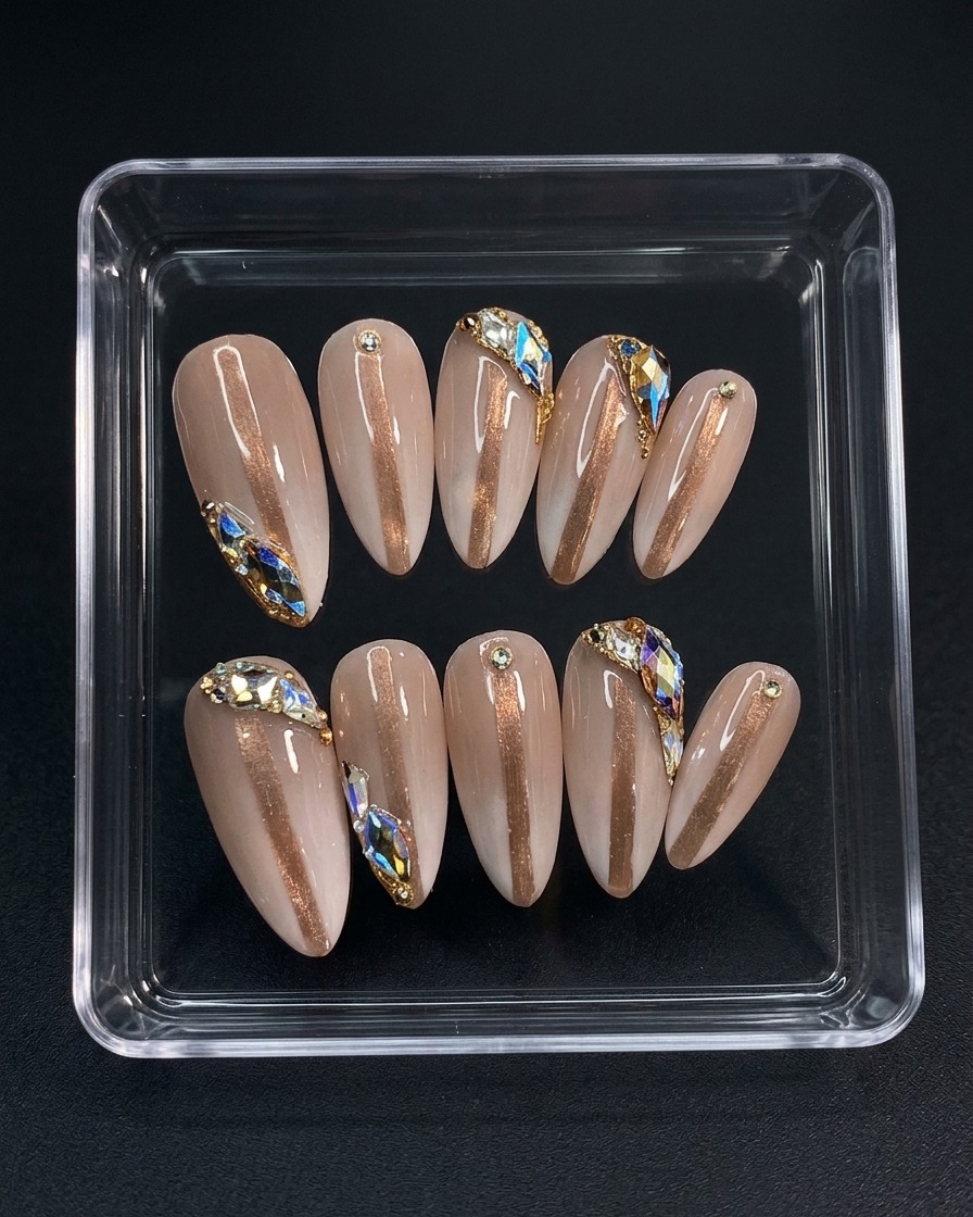 Close-up of a tool placing sparkling rhinestones at the base of the nails near the cuticle area.