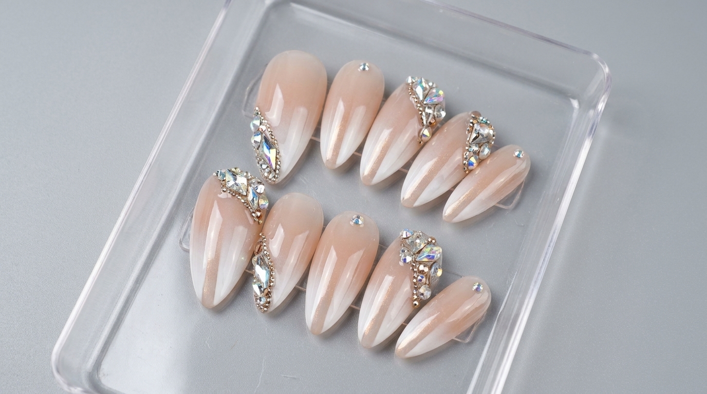 Exquisite Airbrush Gradient Nails with Rhinestone Embellishments