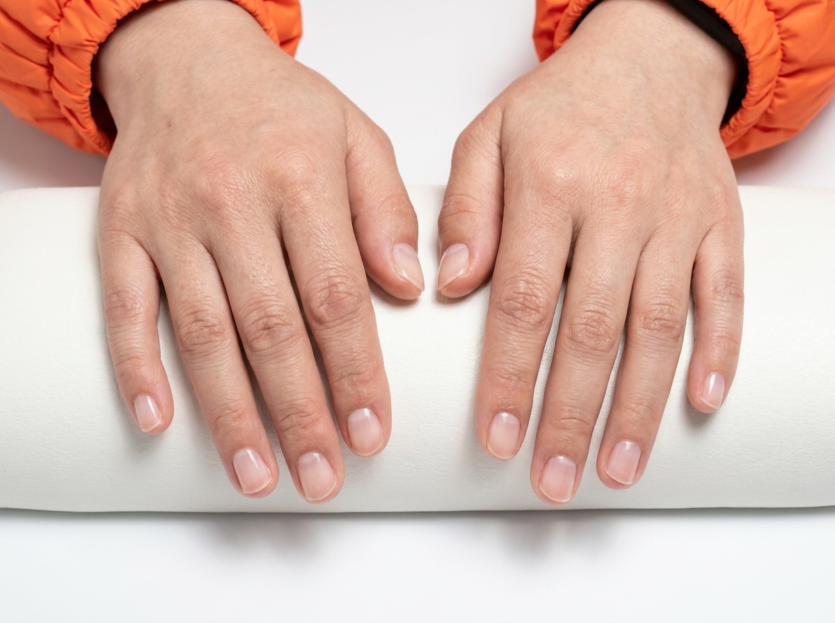 A close-up of a hand with purple guide stencils applied across the tips of the fingernails.