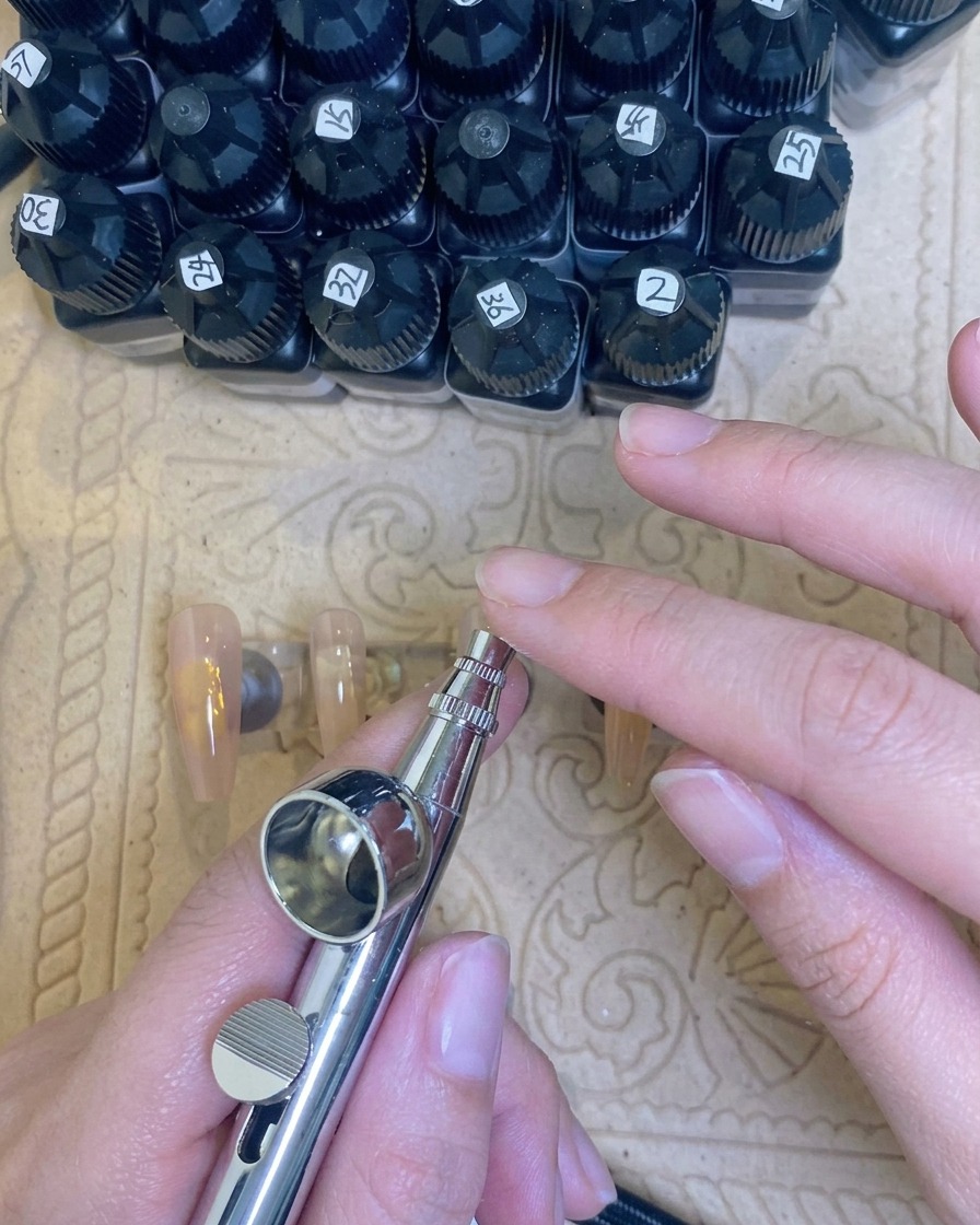 A hand pouring white liquid pigment from a small bottle into the metal cup of an airbrush tool.