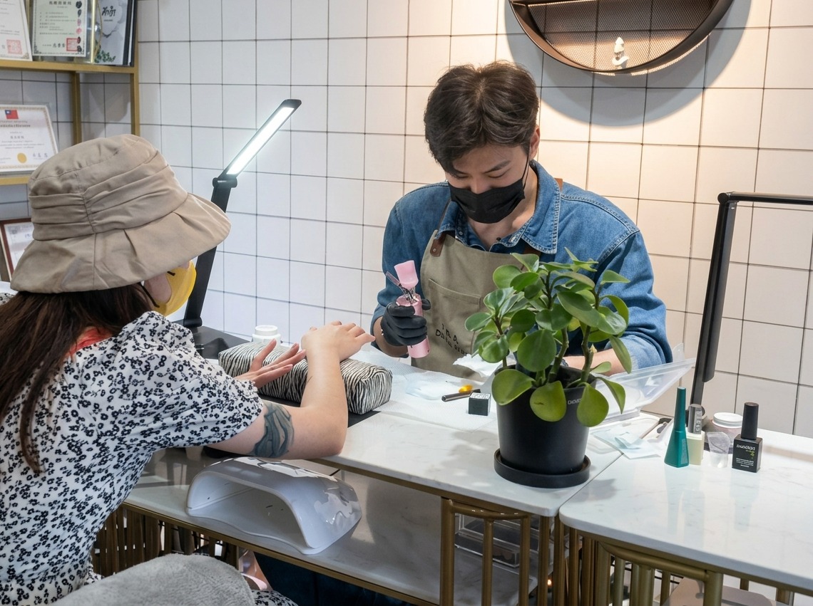 A detailed view of a nail technician using a brush to refine and smooth the base gel layer on a fingernail.