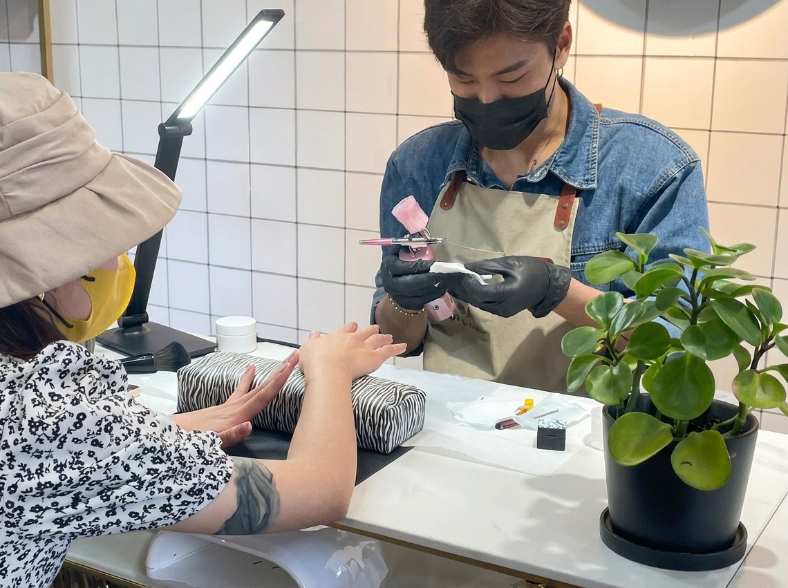 A nail technician aiming an airbrush tool toward a clients fingernail in preparation for applying a color gradient.