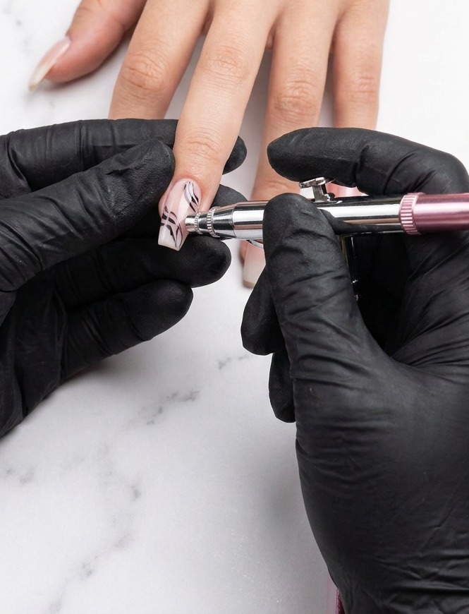 A close-up shot of an airbrush tool applying purple pigment to a fingernail, refining the gradient effect.