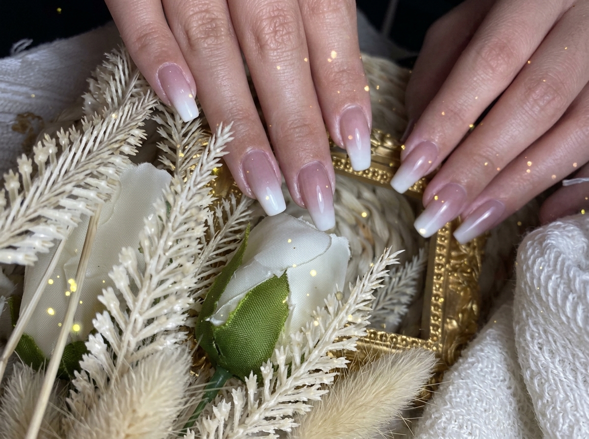 A close-up view of fingers held against a decorative background, focusing on the seamless ombre transition of the nail art.