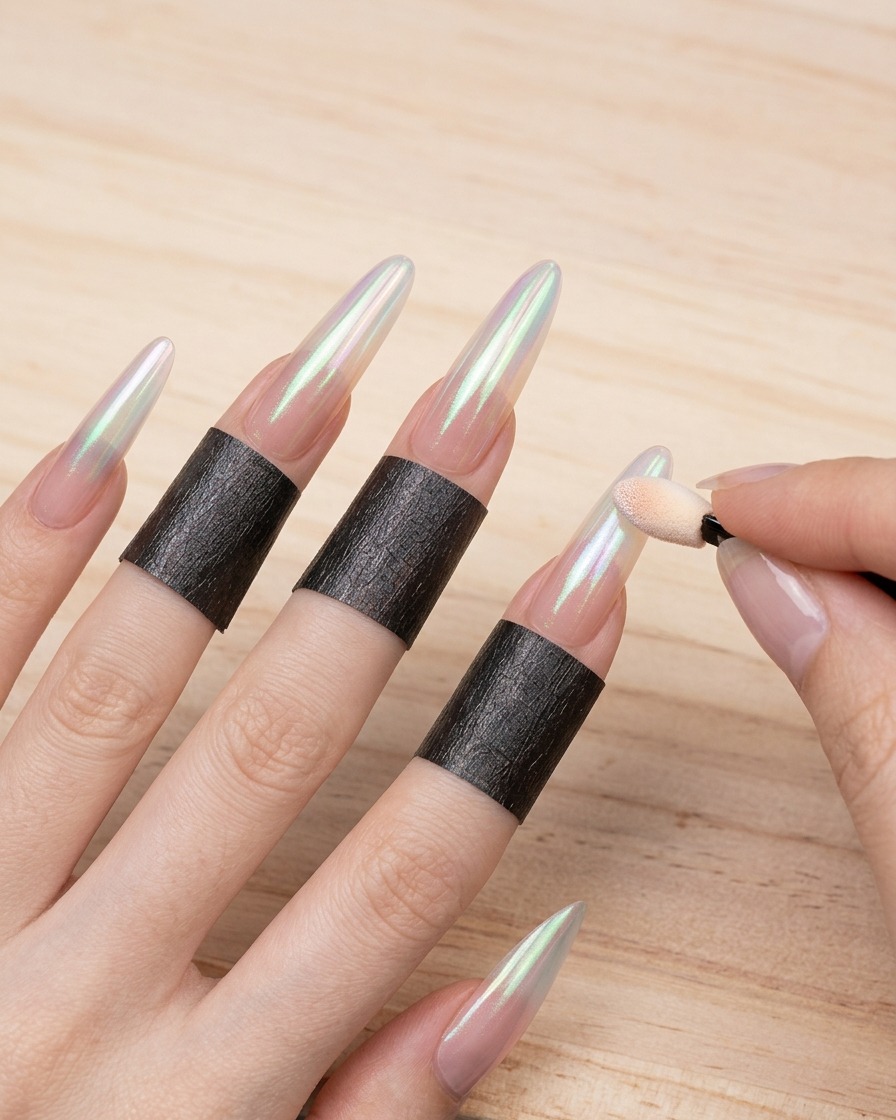 A close-up of a sponge applicator pressing iridescent chrome powder directly onto the free edge of a fingernail to build color intensity.