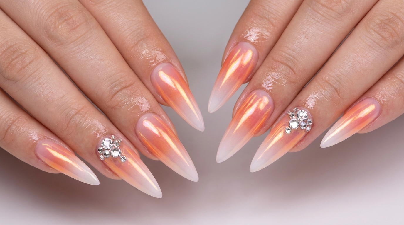 White Gradient Aurora Powder Stiletto Nails — Step-by-Step Tutorial