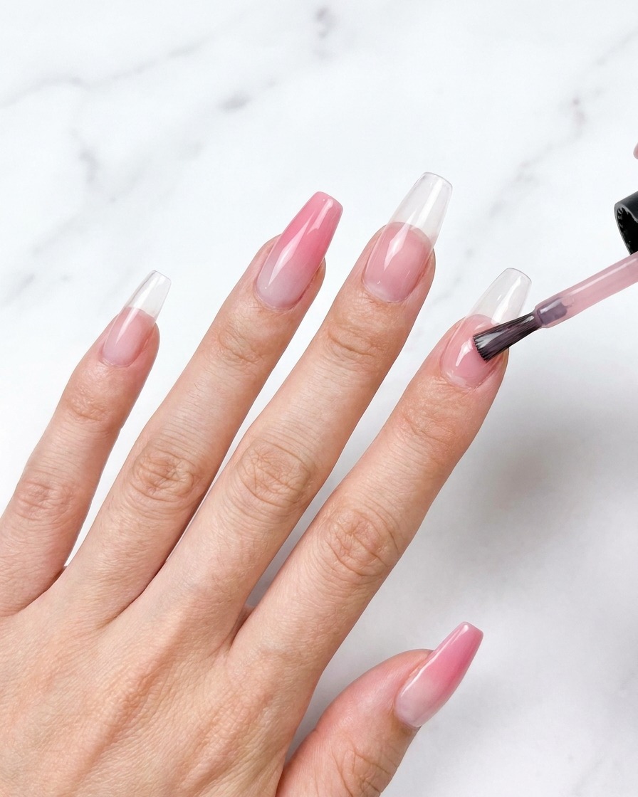 A brush applying a sheer pink gel polish onto a clear nail extension.
