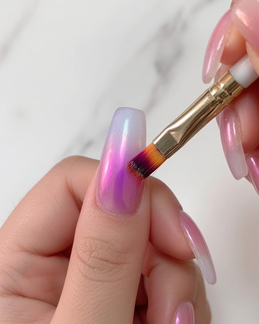 A gradient sweeping brush lightly dragging blue gel downwards over a pinkish-nude base to blend an ombre effect.