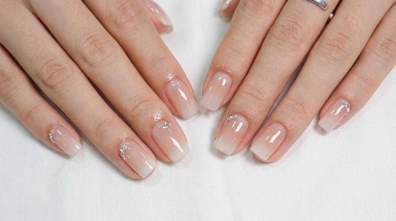 Milky White Gradient Nails with Cuticle Rhinestones — Step-by-Step Tutorial