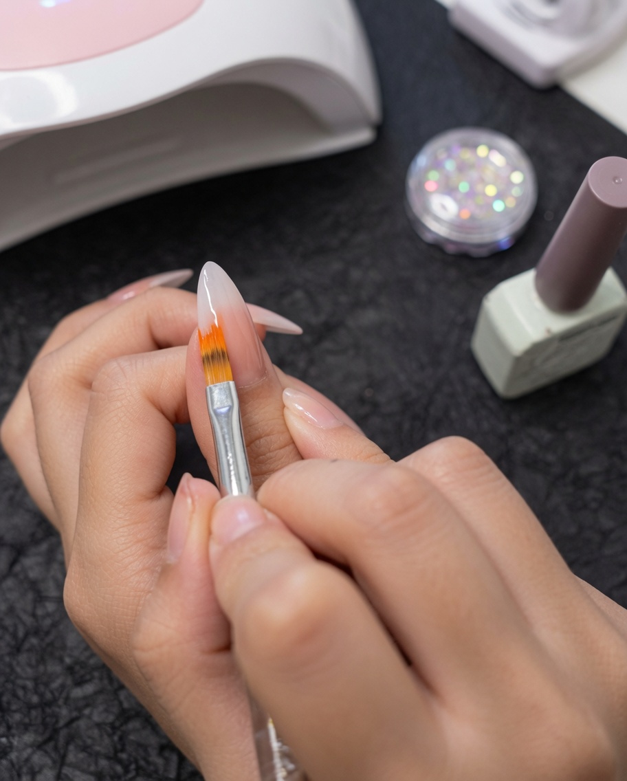 A gradient brush blending white and nude gel polish on a fingernail.