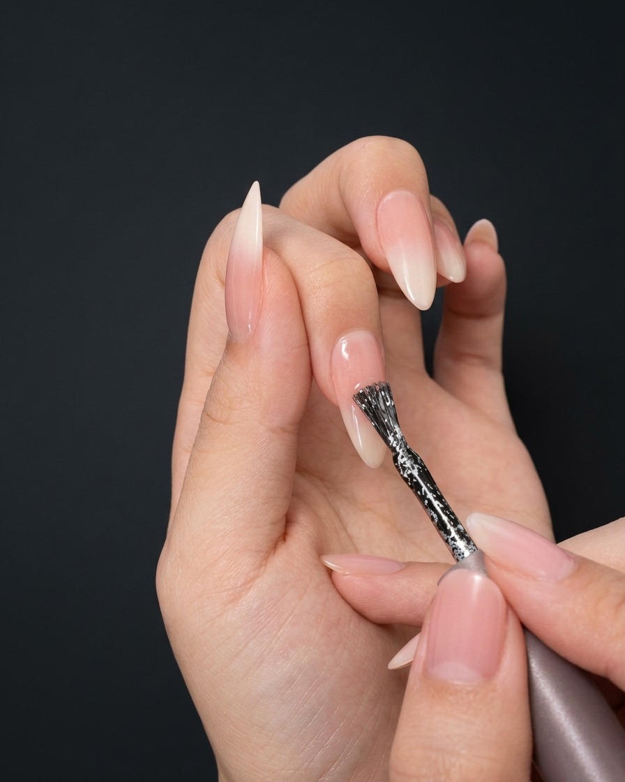 A close-up of a hand using a detail brush to apply a vertical line of fine silver glitter gel to the center of a nude and white gradient stiletto nail.