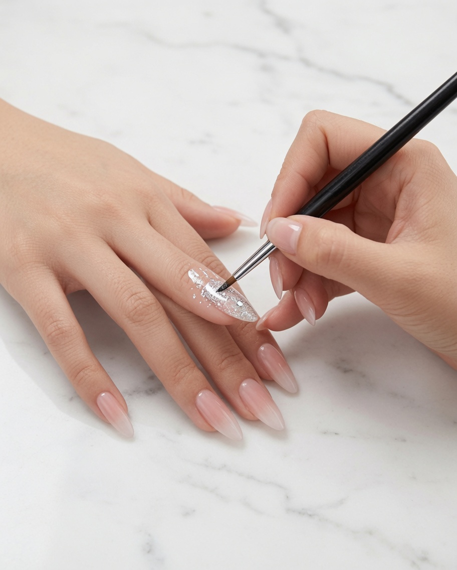 A fine detail brush carefully placing individual chunky holographic glitter flakes onto the center of a fingernail.