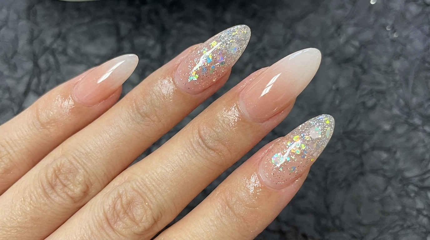 Nude and White Ombre Nails with Chunky Glitter Accents