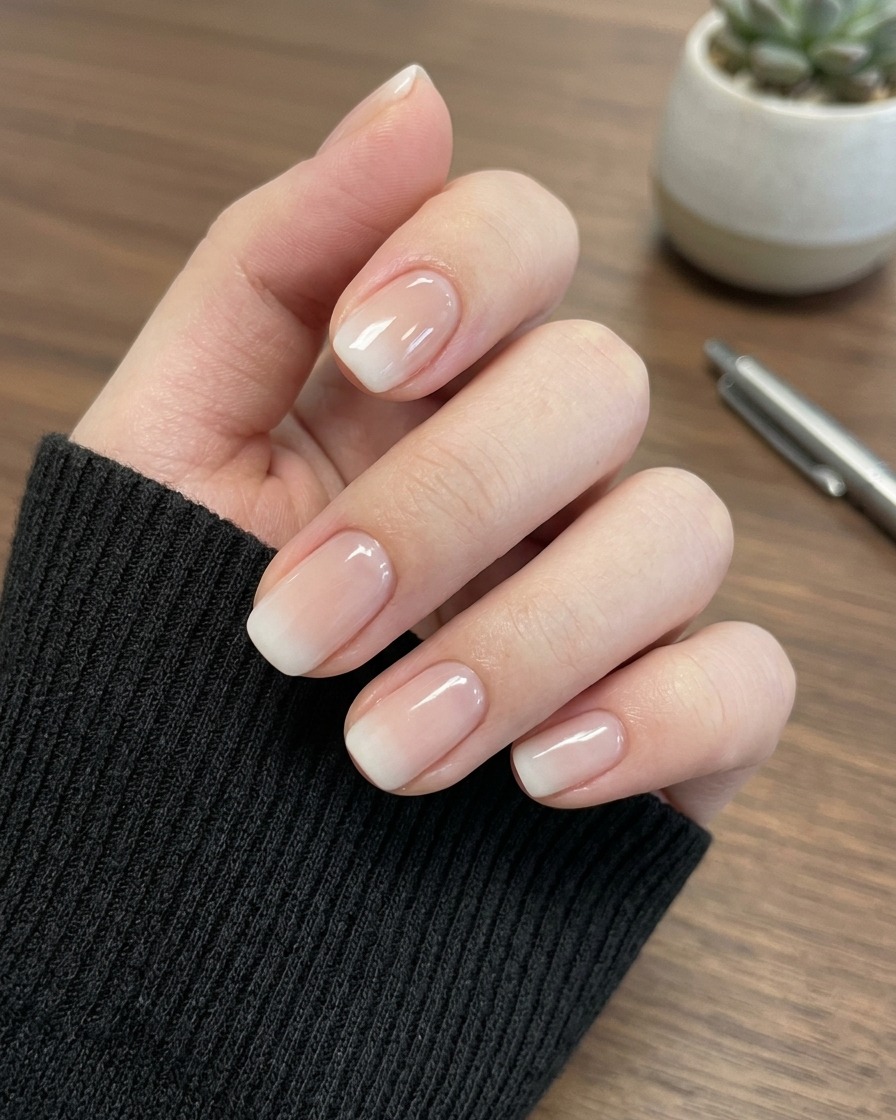A brush applying a thin, translucent layer of nude gel polish near the cuticle of a fingernail.