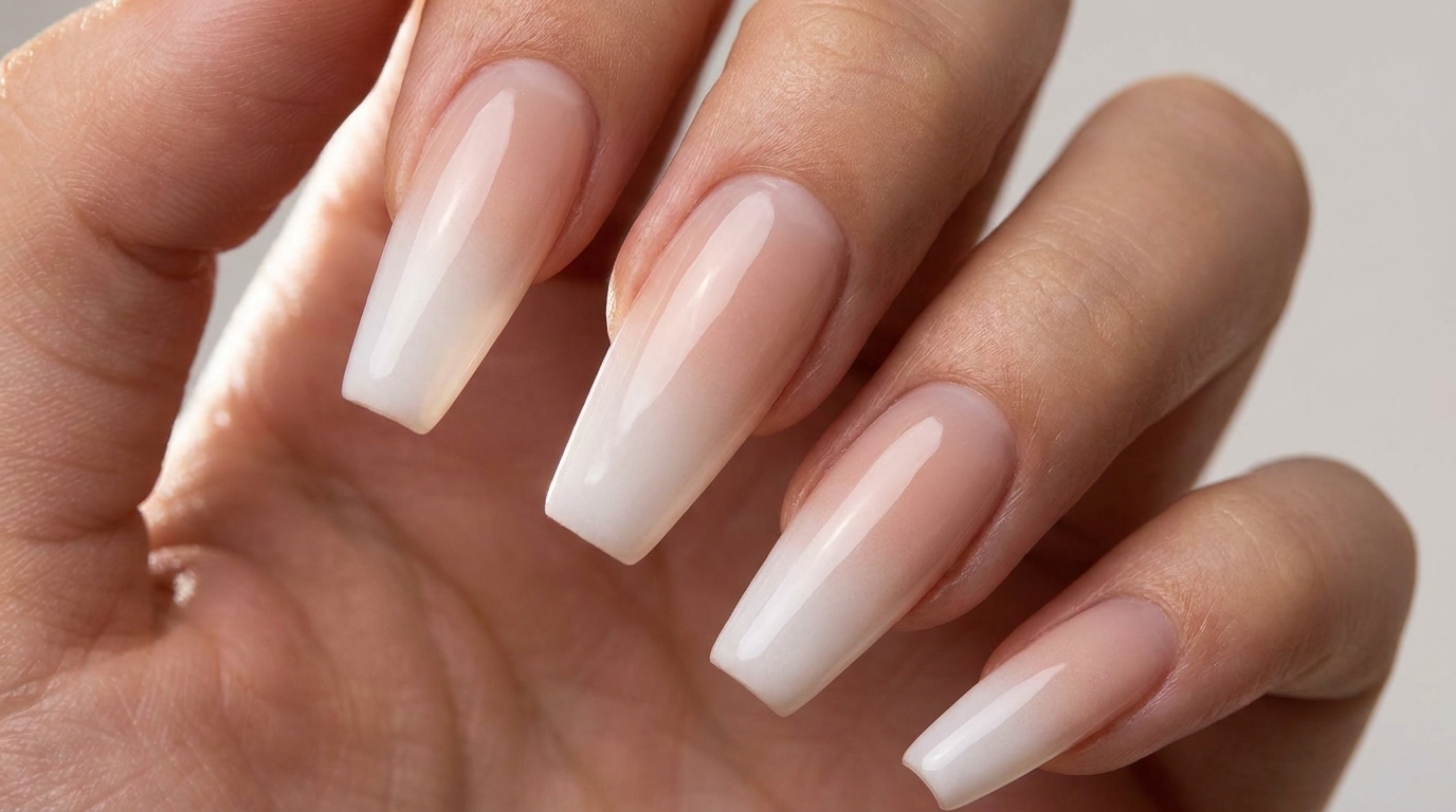 Long, elegant coffin-shaped nails featuring a smooth, high-gloss milky white to translucent nude ombre gradient.