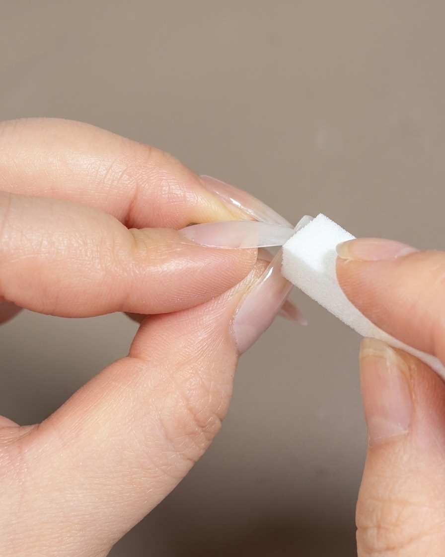 A close-up of a dual-ended sponge brush being loaded with pink gel polish.