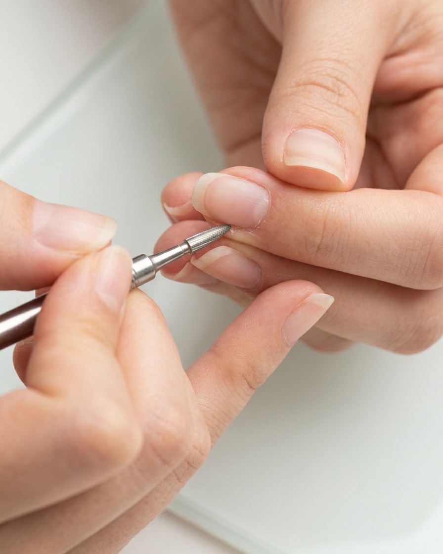 A very thin, pointed metal drill bit cleaning out the deep cuticle pocket of a bare fingernail.
