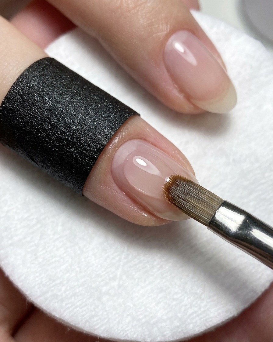 A nail brush applying clear, glossy no-wipe top coat over a completed pink ombre fingernail.