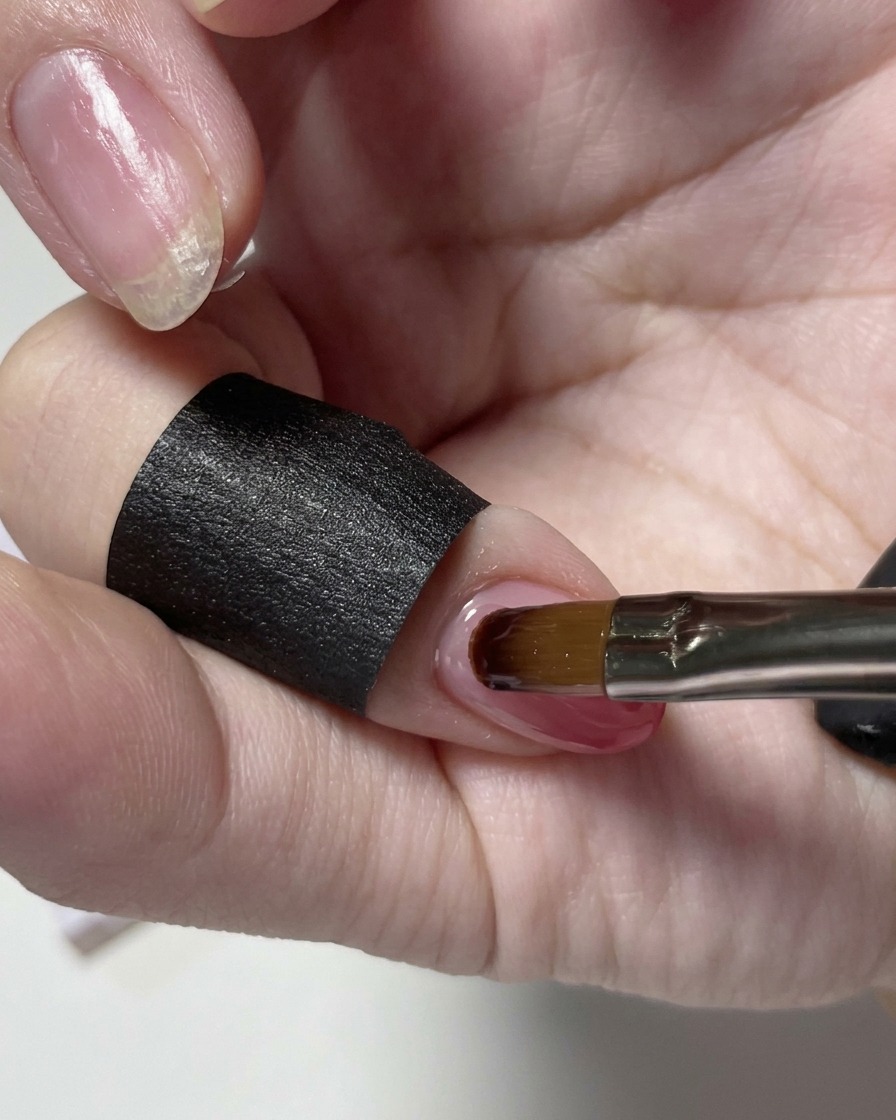 A close-up of fingers resting inside a small LED nail lamp for the final curing process.