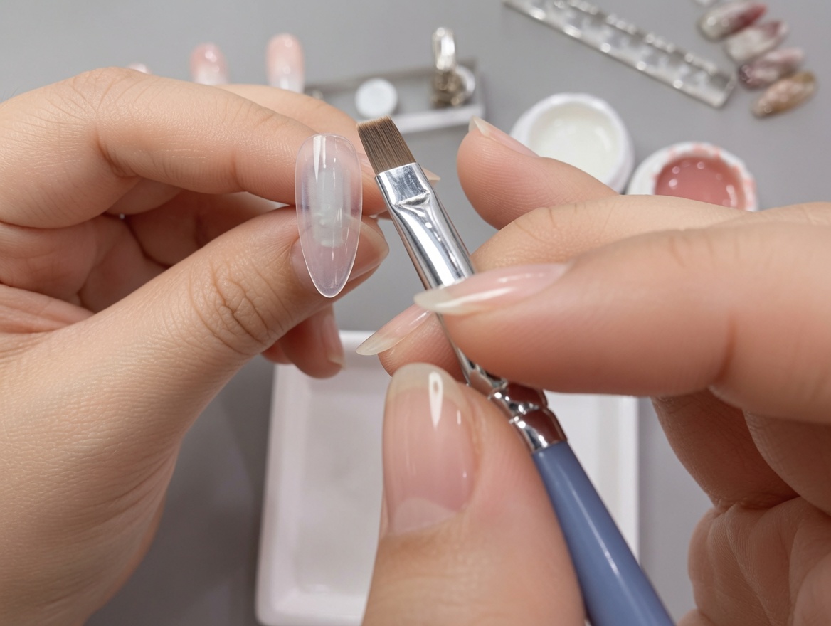 A close-up of a flat nail brush applying a smooth layer of white gel over an artificial nail tip held by a hand.