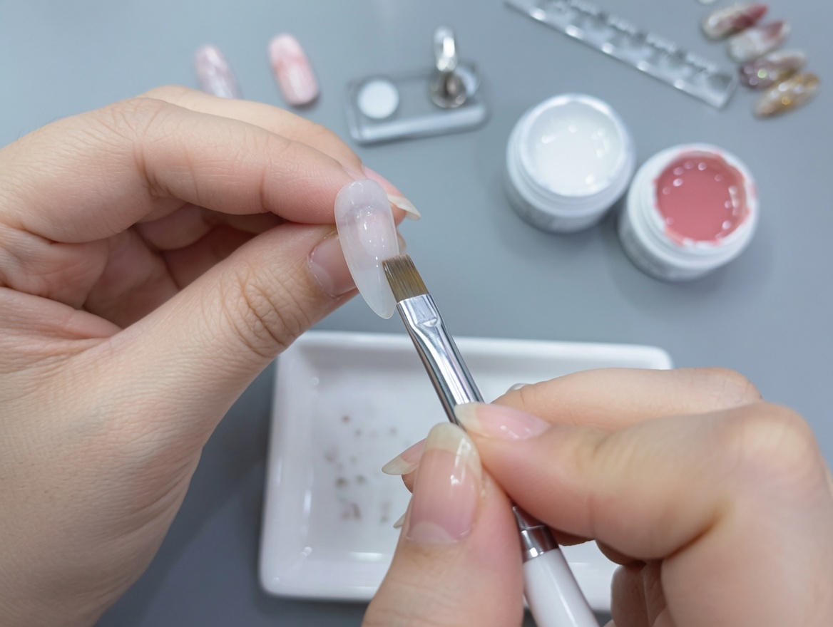 A nail tip with a nude gradient layer being cured under the lamp.
