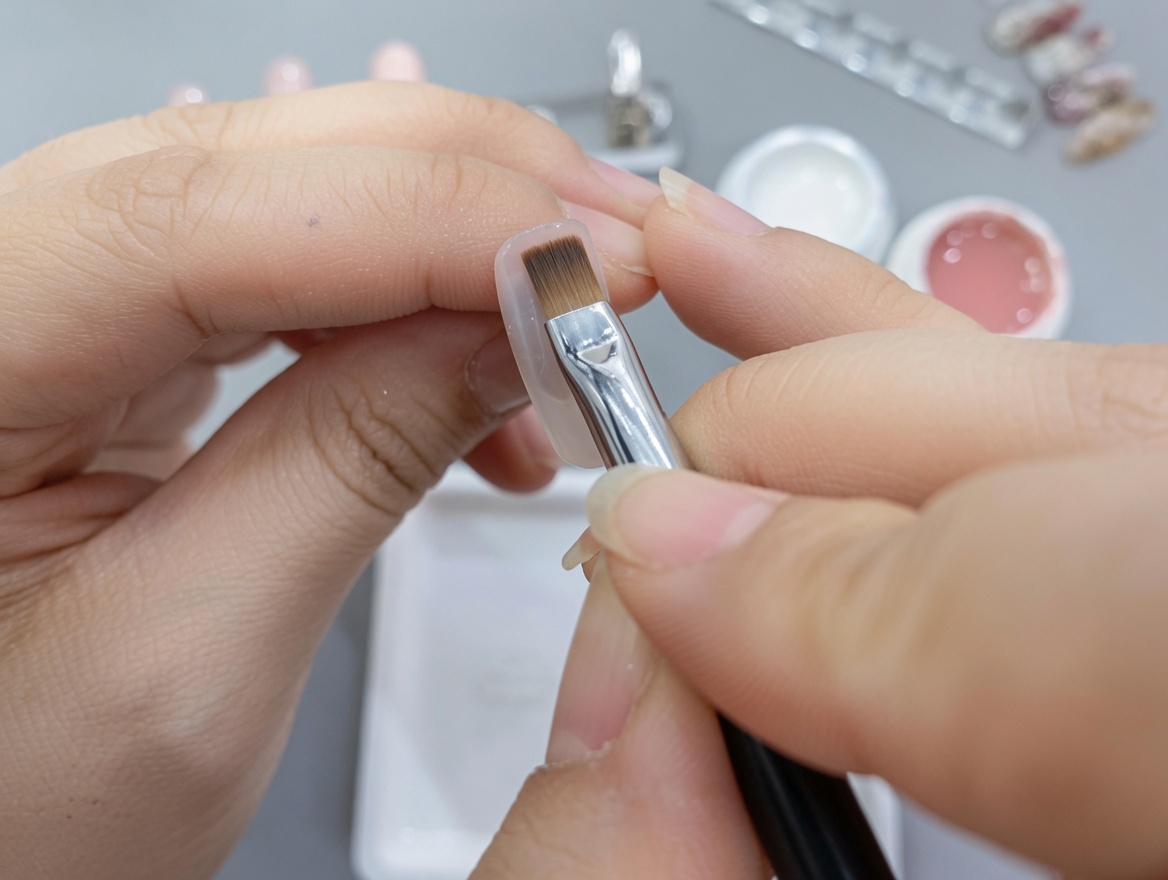 A brush applying a second layer of nude gel number 90 over the existing gradient.