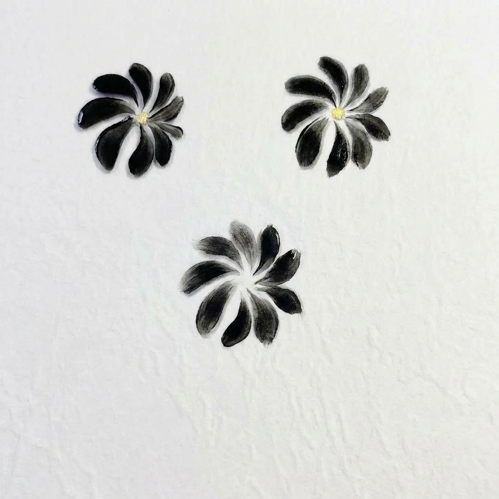 A close-up of a hand-painted black gel petal on a white surface.