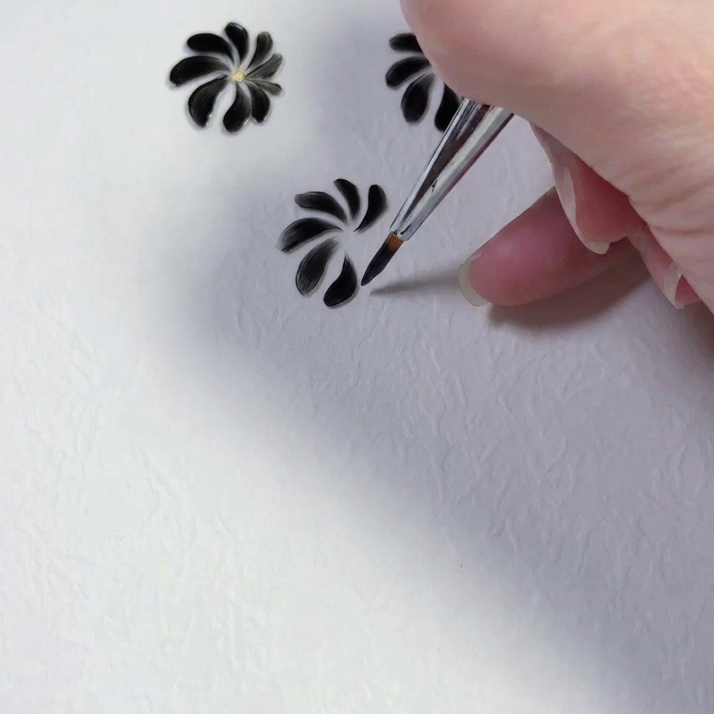 A fine liner brush finishing a petal stroke on a hand-painted daisy.