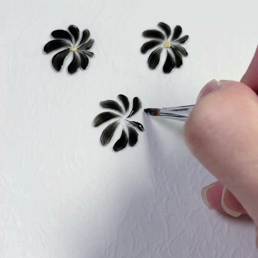 A close-up shot of a small detail brush refining the tips of black painted daisy petals to give them a natural, tapered shape.