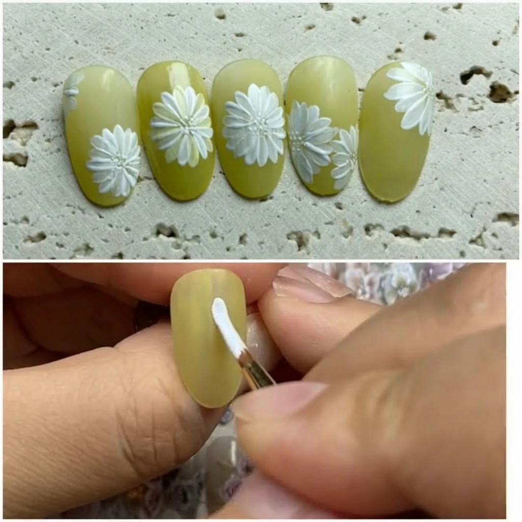 A close-up view of a brush applying vibrant yellow gel polish to a nail.