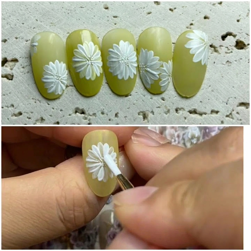 A fine liner brush depositing a small white dot onto a yellow nail surface.