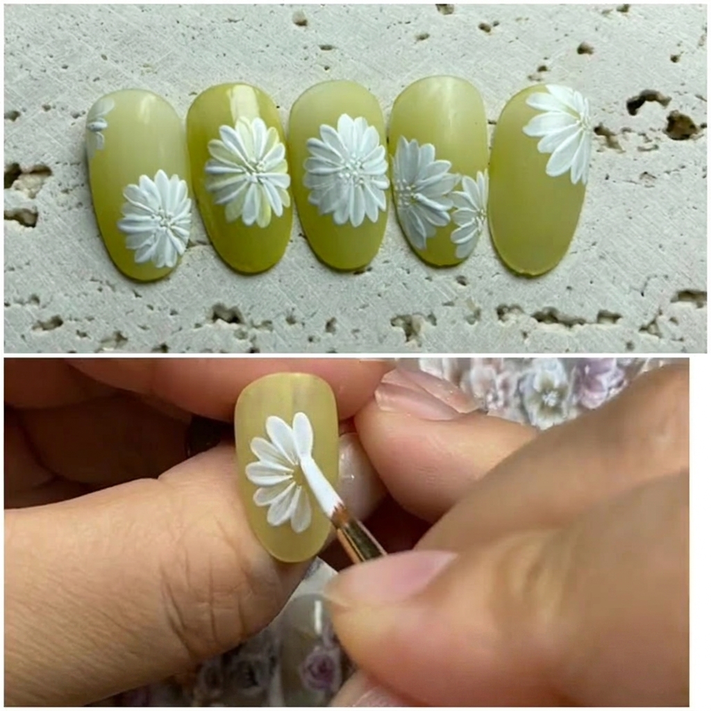 A third petal being added to complete the daisy structure.