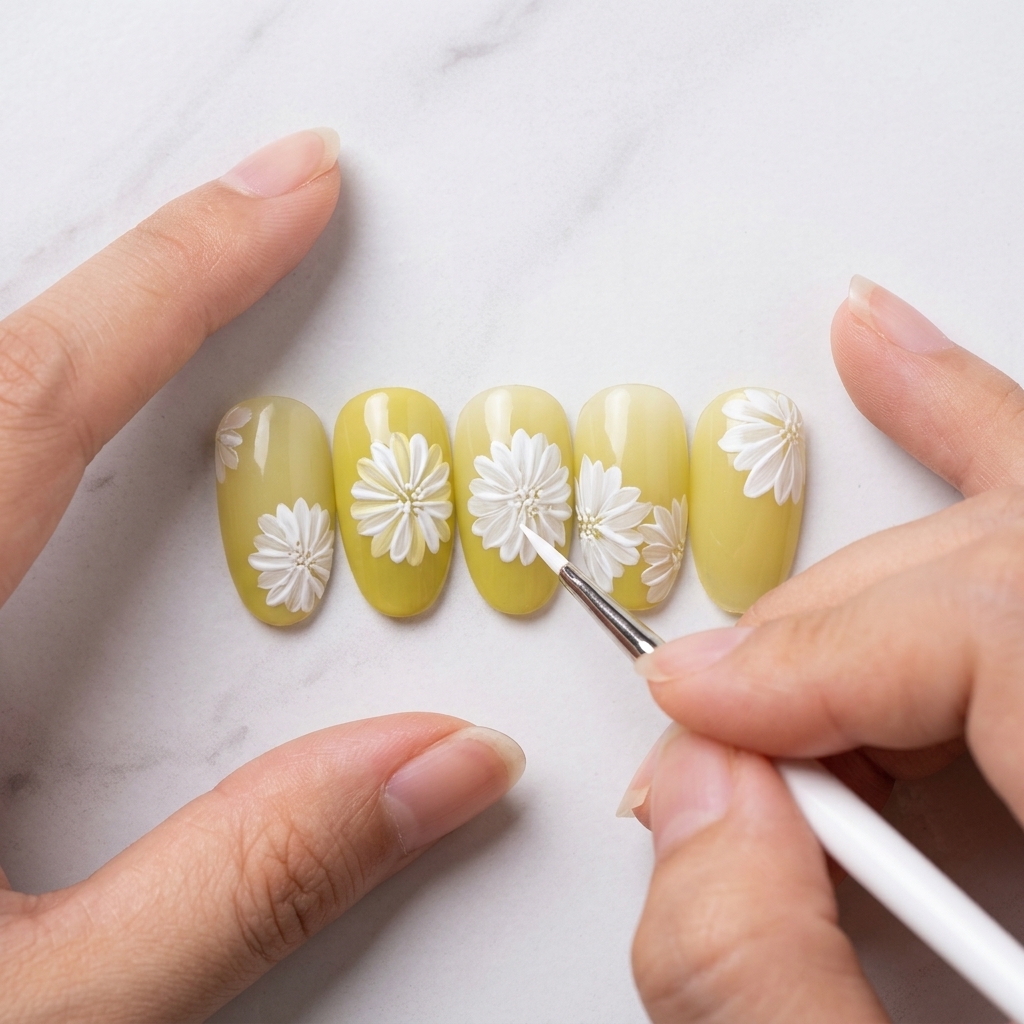 A close-up of a nail brush applying a single white petal to a daisy design on a yellow nail.