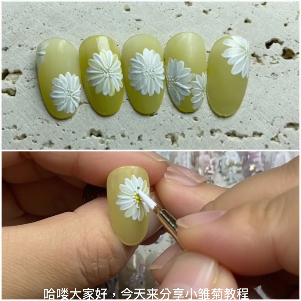 A painting brush adding another white petal to the daisy design.