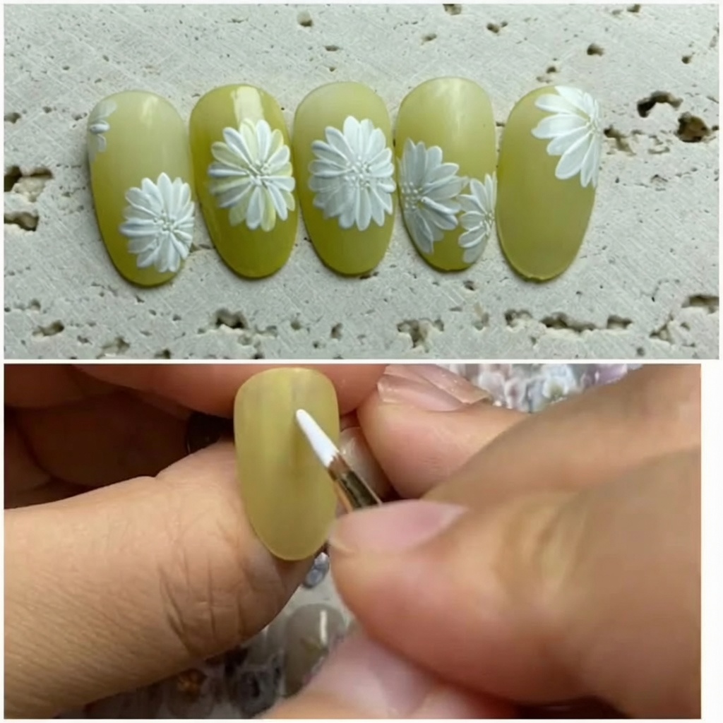 Close-up view of the painting brush placing the seventh petal onto the yellow nail base.