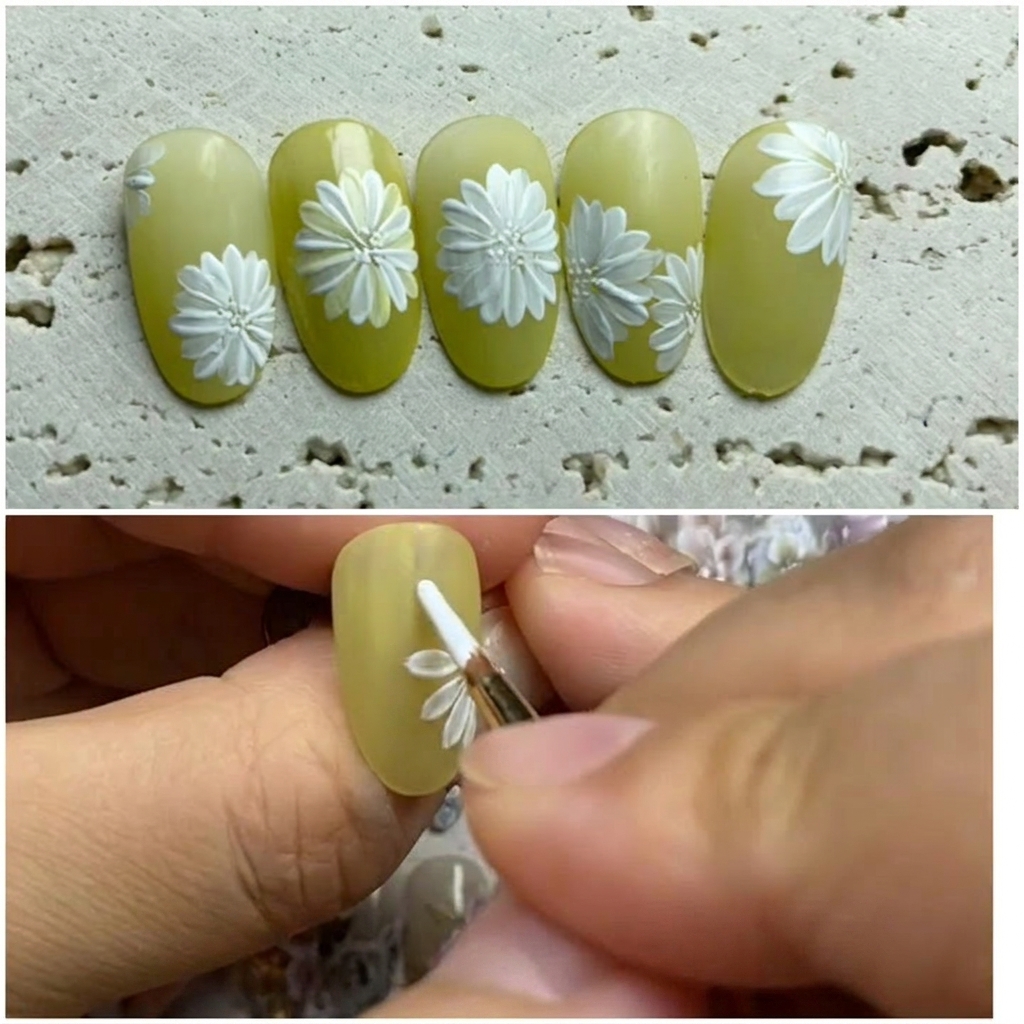 A hand placing a nail with a painted daisy design into a professional UV/LED nail lamp.
