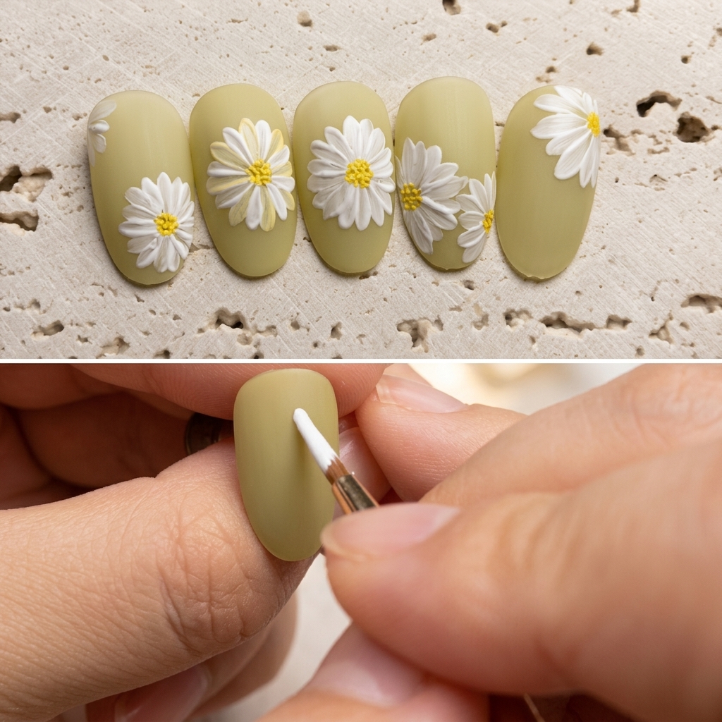 A thin layer of translucent yellow base color being applied over the white painted daisy petals.
