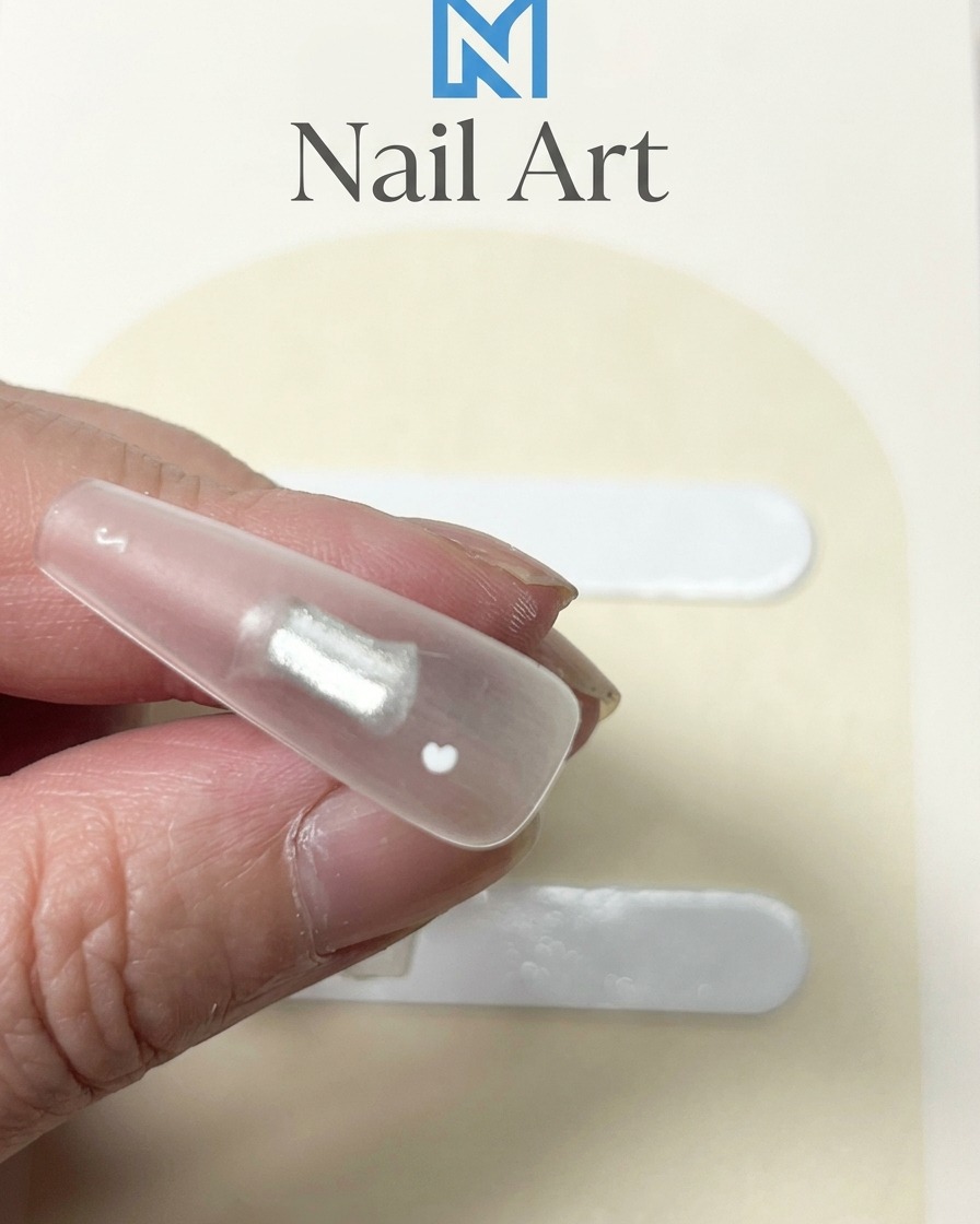 A close-up of a clear nail tip with a single, thick white gel dot applied to the center.