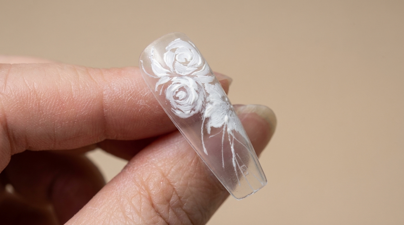 A clear long nail featuring intricate hand-painted white roses and delicate floral accents with a dimensional finish.