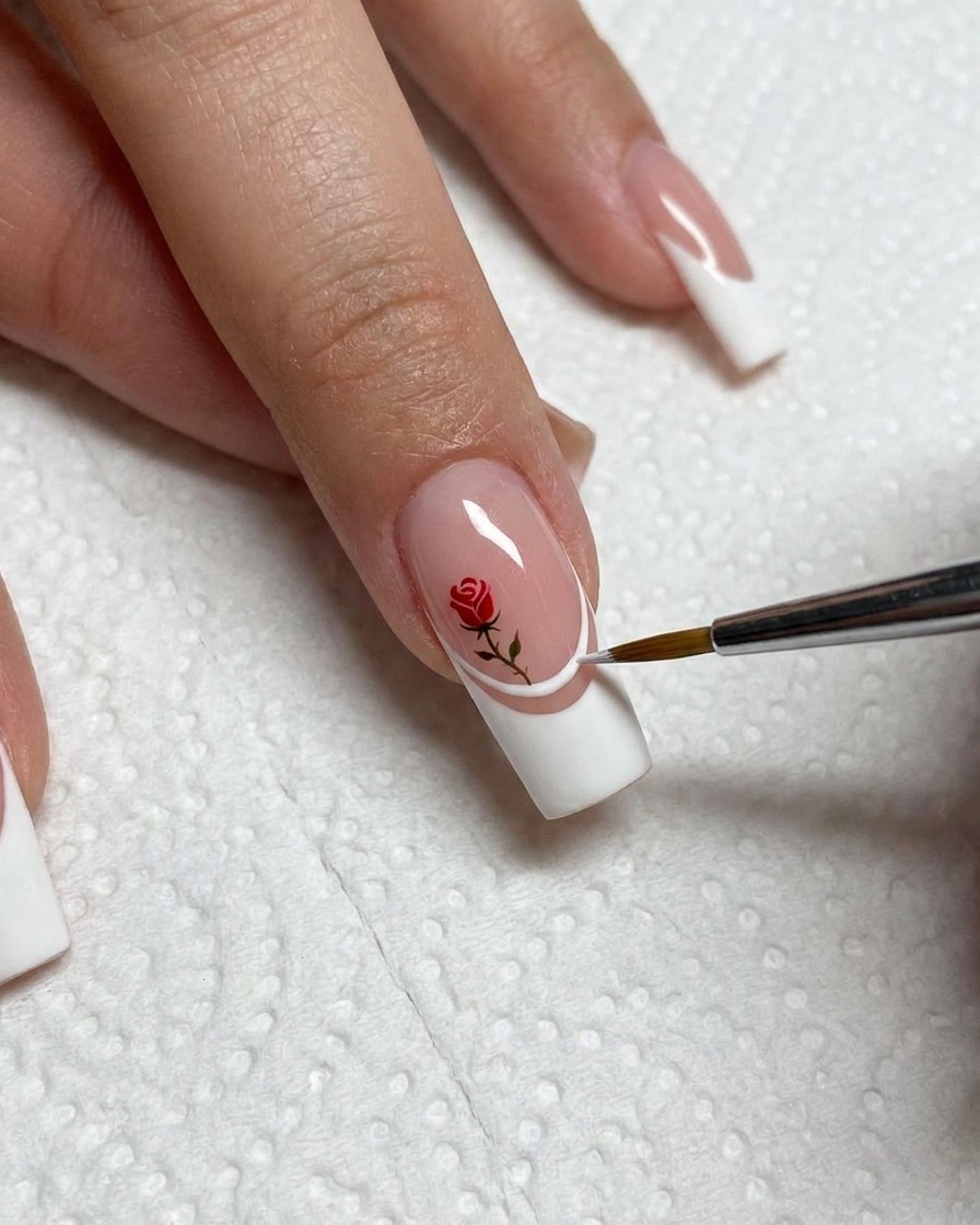 A close-up view of a nail artist using a thin liner brush to apply a raised gel line along the edge of a white French tip.